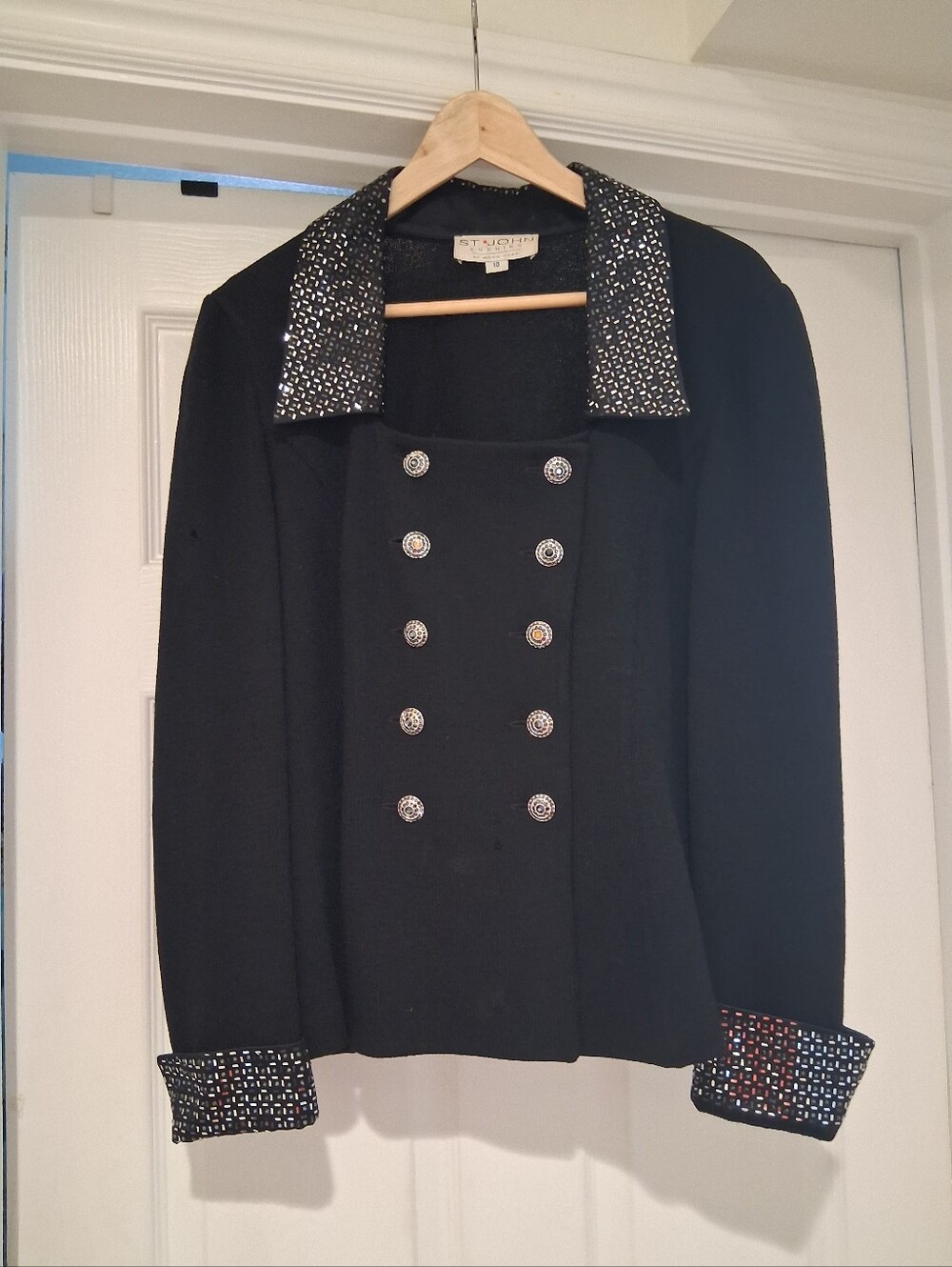 St. John Black Double-Breasted Jacket with Embellished Collar & Cuffs